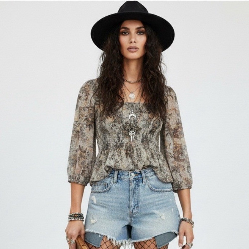 Free People Smocked Peplum Top Womens M Floral Ever After Whimsigoth Grunge